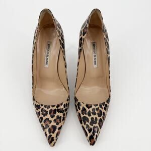 Manolo Blahnik Leopard Pump Heels BB Patent Leather Stiletto Pointed Toe 39.5